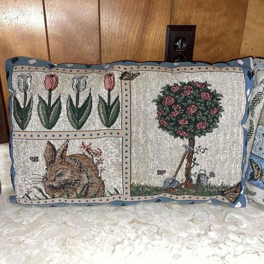 Two Small‎ Tapestry Pillows Nature Rabbit Rose Tree Tulip Butterfly Dragonfly